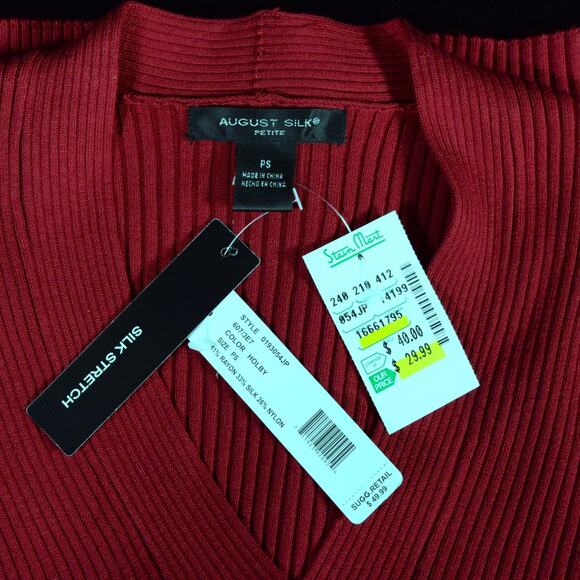 August Silk Red Rib Knit Stretch Faux Wrap Sweater Petite S Silk Blend - Picture 5 of 7